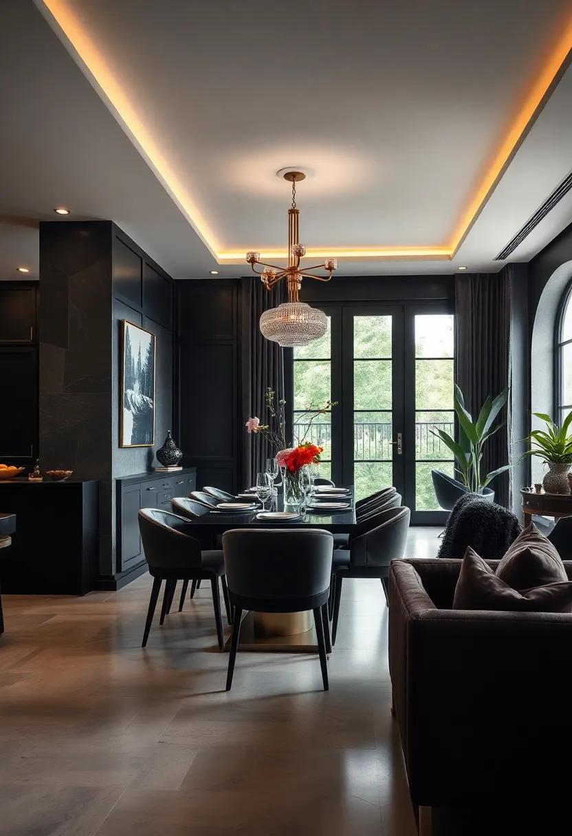 Experience the sophistication of a black and brass combination, where distinctly modern elements meet vintage flair for an enticing dining atmosphere