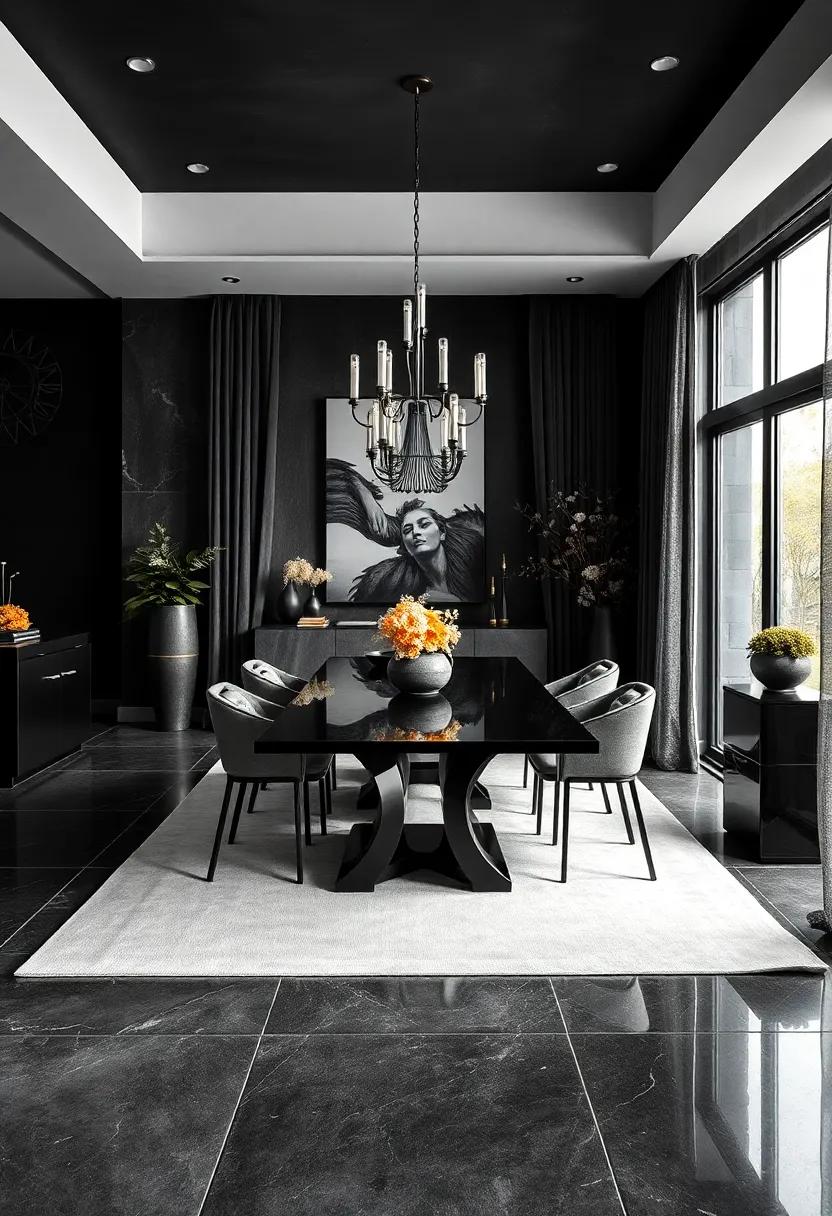 Delight in the drama created by heavy textures in an all-black dining room, where each component adds depth and intrigue to the space