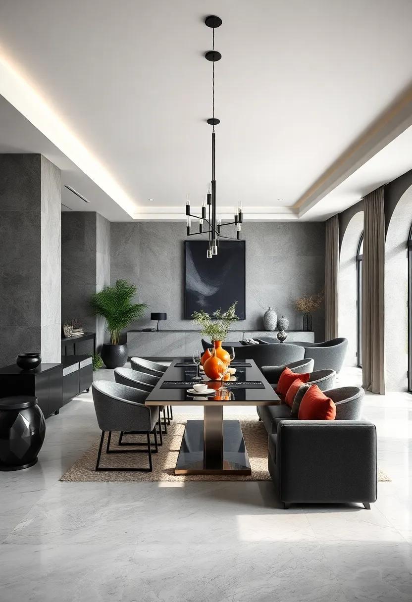 Take a step into a dramatic charcoal space, where high-contrast elements create an impactful setting perfect for hosting extravagant dinner parties