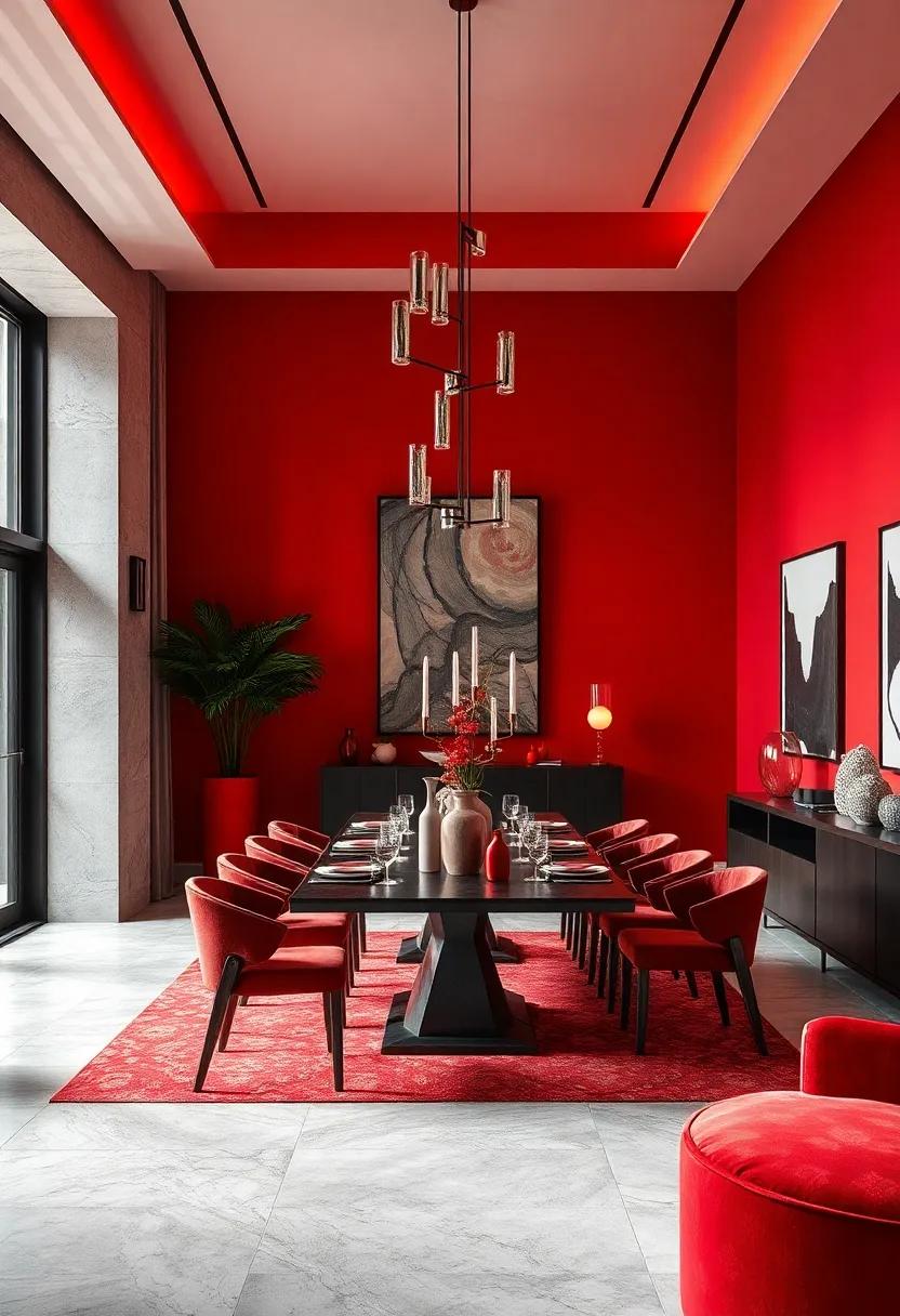 Admire the richness of an all-red dining room, where boldness meets refinement in a space that invites conversations and memories