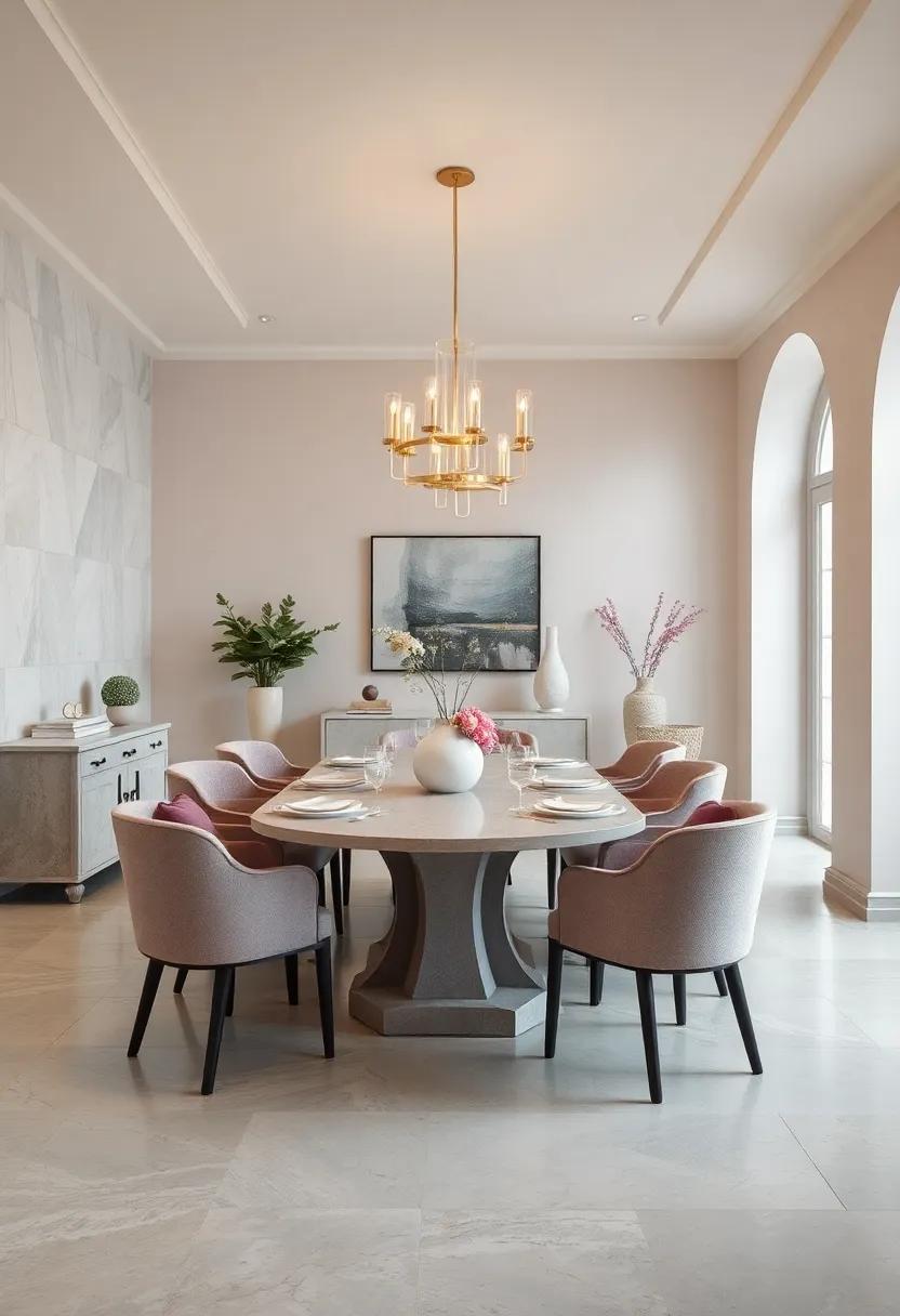 Indulge in the simplicity of a pale lilac and cream dining room that showcases understated beauty through thoughtful design choices
