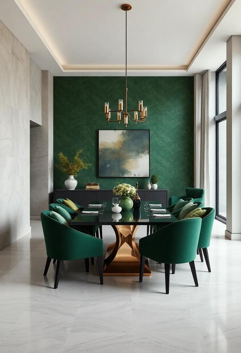 Explore the allure of a rich forest green dining area, where luxurious upholstery and minimalist decor speak to both elegance and nature