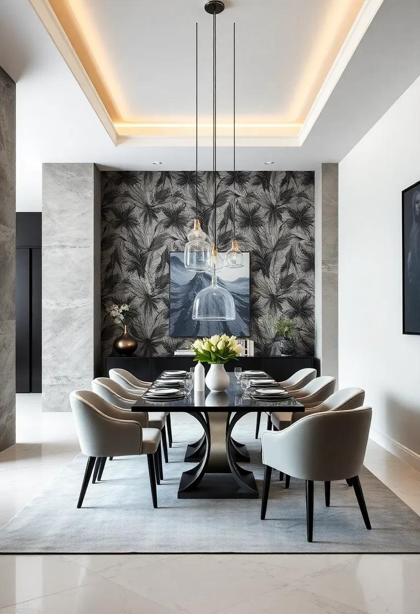 Get inspired by a contemporary monochrome dining room with a graphic wallpaper that adds flair while remaining elegantly understated