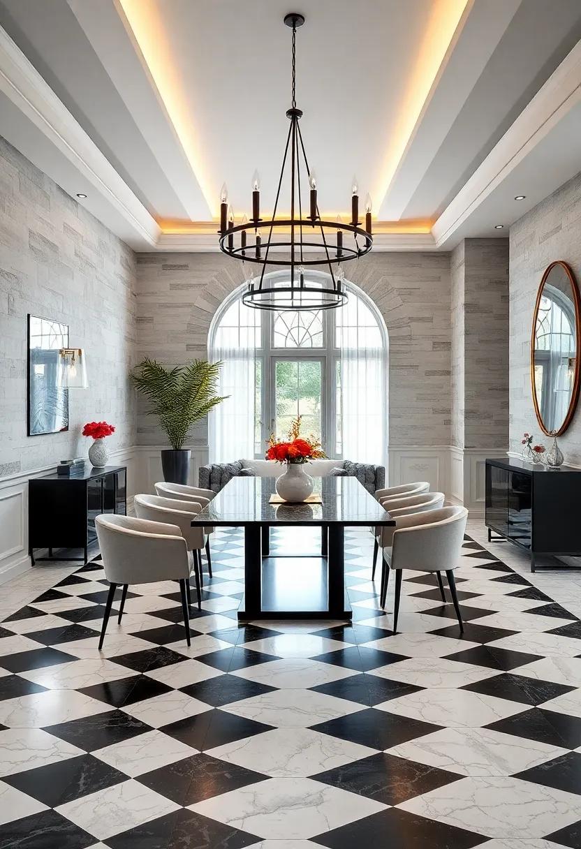 embrace a classic approach with a monochrome checkered floor paired with sleek furnishings, creating a timeless dining room that is both stylish and functional