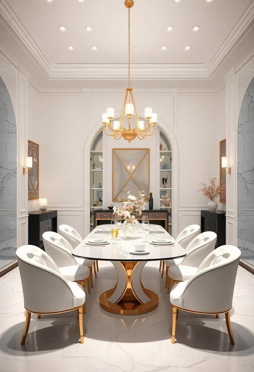 Dream of an ethereal white and gold dining room, where luminous decor pieces harmonize beautifully with elegant silhouettes for a dreamy dining affair