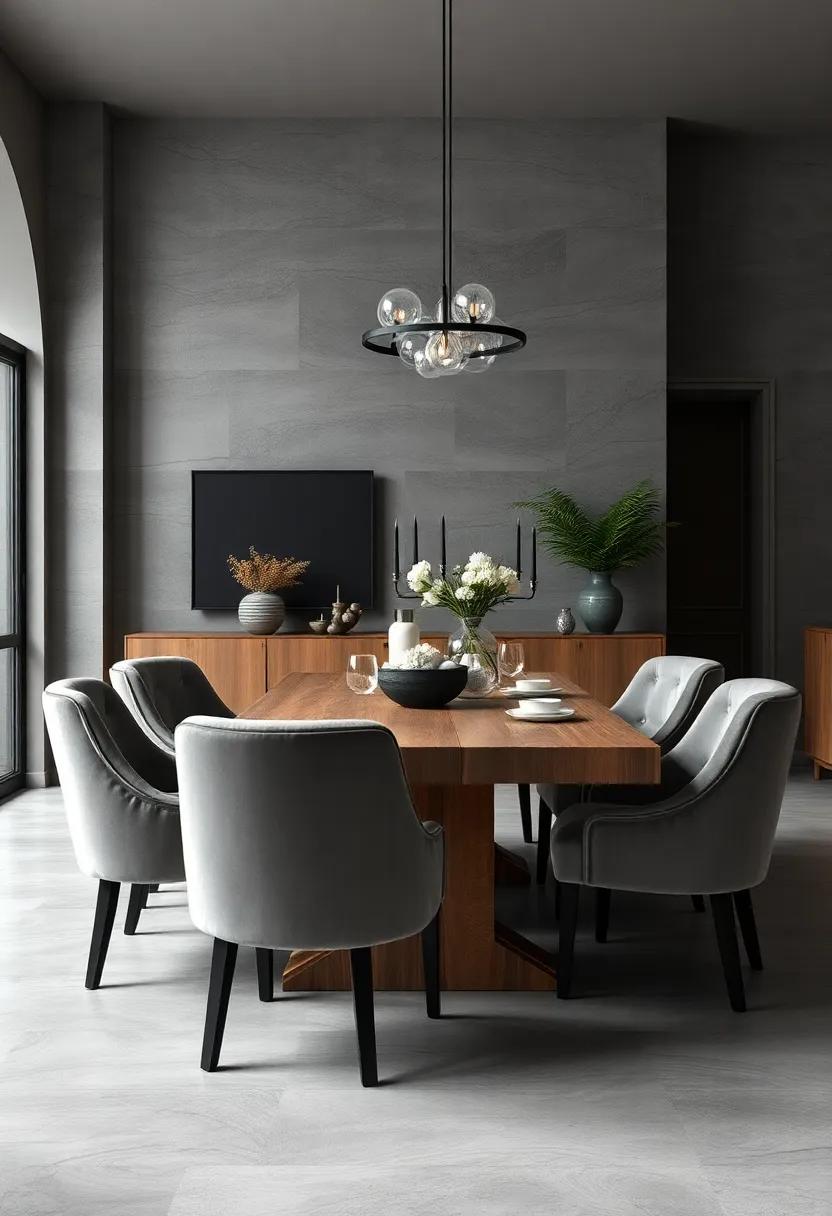 Discover the warmth of a monochrome grey palette, featuring plush velvet chairs and a rustic wooden table that harmonizes elegance with comfort