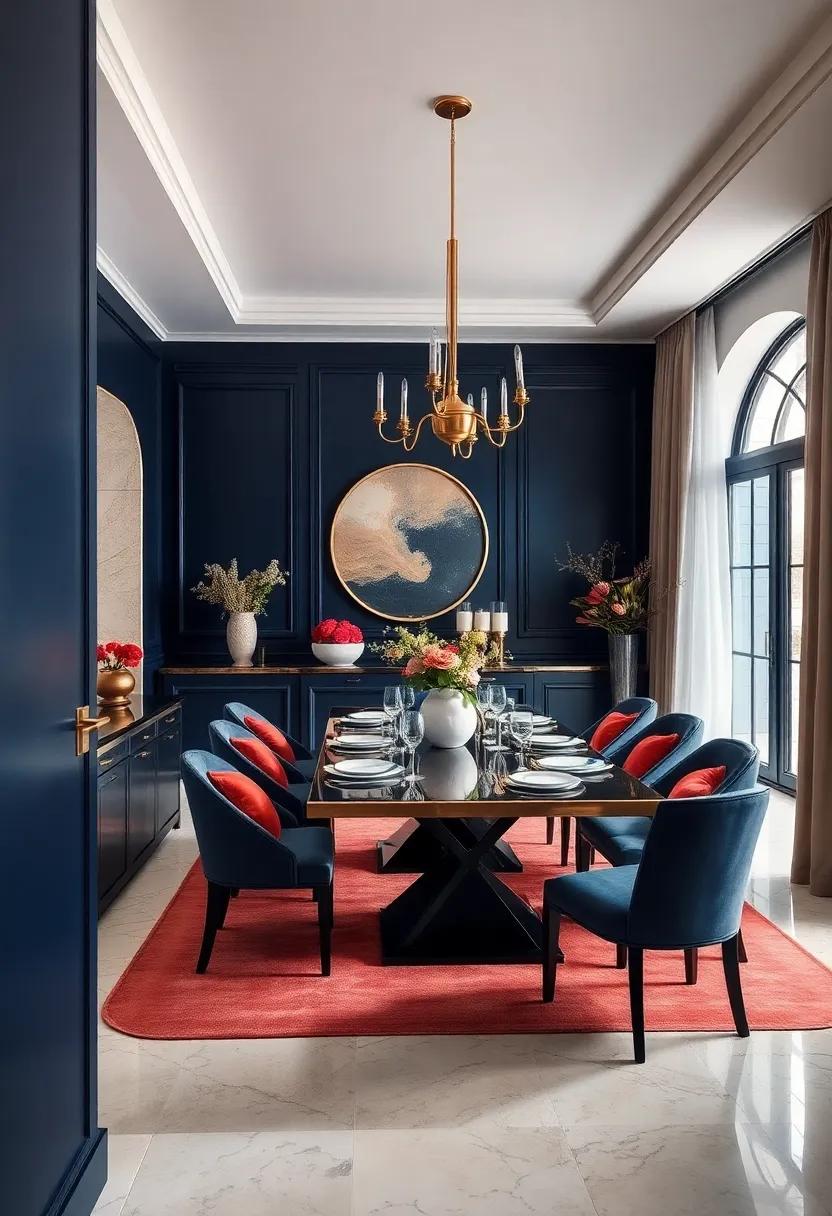 Experience the opulence of a deep navy blue dining room, enhanced by gold accents and luxurious fabrics that create a regal atmosphere