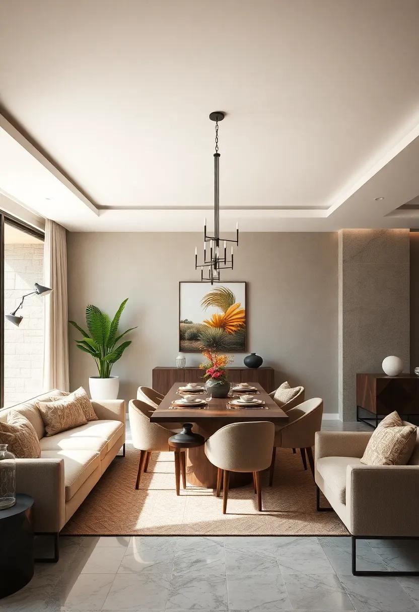 enjoy the sophistication of a muted taupe dining room, where warm tones complement stylish decor, creating a cohesive and elegant look