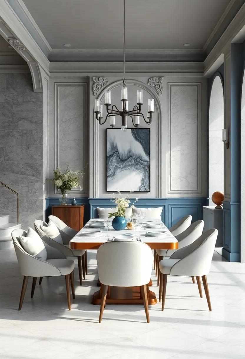 Capture the essence of luxury in a slate blue and white dining space,where artisanal details meet refined furnishings for a timeless appeal