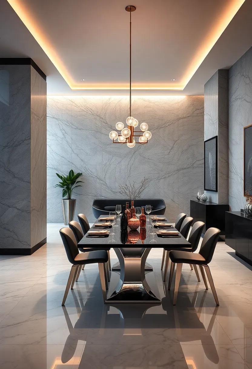 Be captivated by a monochrome metallic palette,featuring silvers and charcoals that reflect light and create a dazzling dining atmosphere