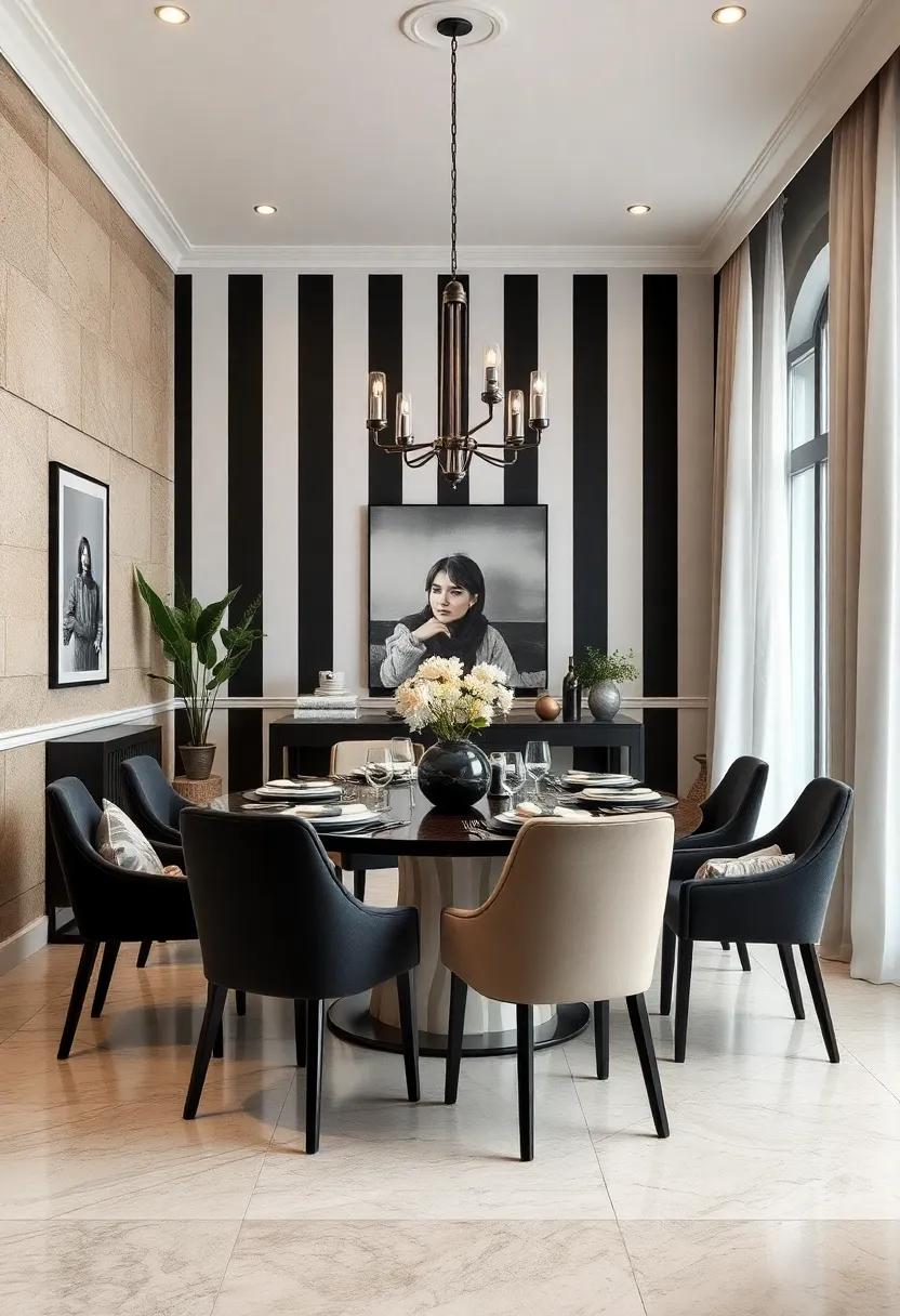 Witness the elegance of black,white,and taupe stripes in a chic dining room setting,providing a playful yet sophisticated backdrop for any meal