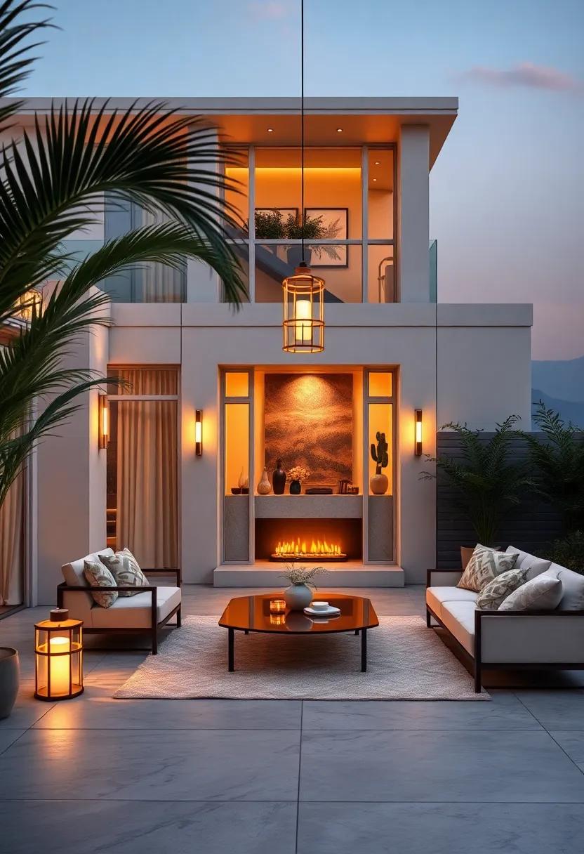 Luxurious Outdoor Living Spaces Adorned with Golden Lighting Accents