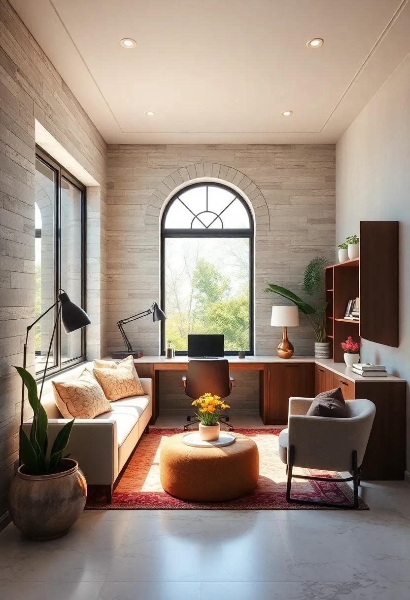 Cozy Corner: A chic little office nook with a large picture window,creating an inviting sunlit space perfect for quiet reflection or creative brainstorming
