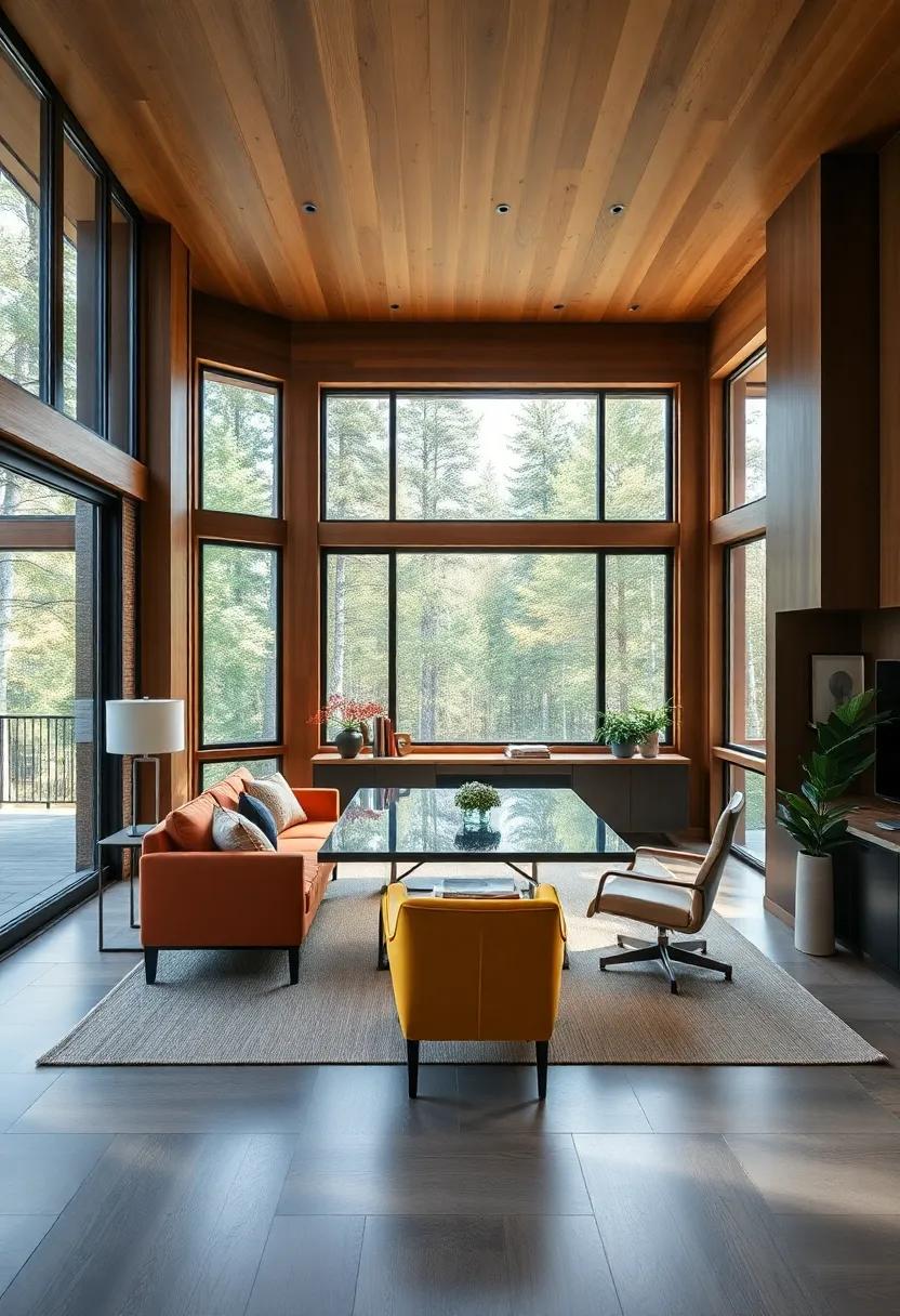 Forest Retreat: A sophisticated office with wooden finishes and expansive windows that frame views of the surrounding forest, creating a peaceful and productive atmosphere