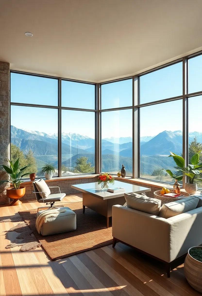 Mountain View Motivator: A home office with large windows that showcase breathtaking mountain vistas, providing inspiration and major motivation to tackle the day