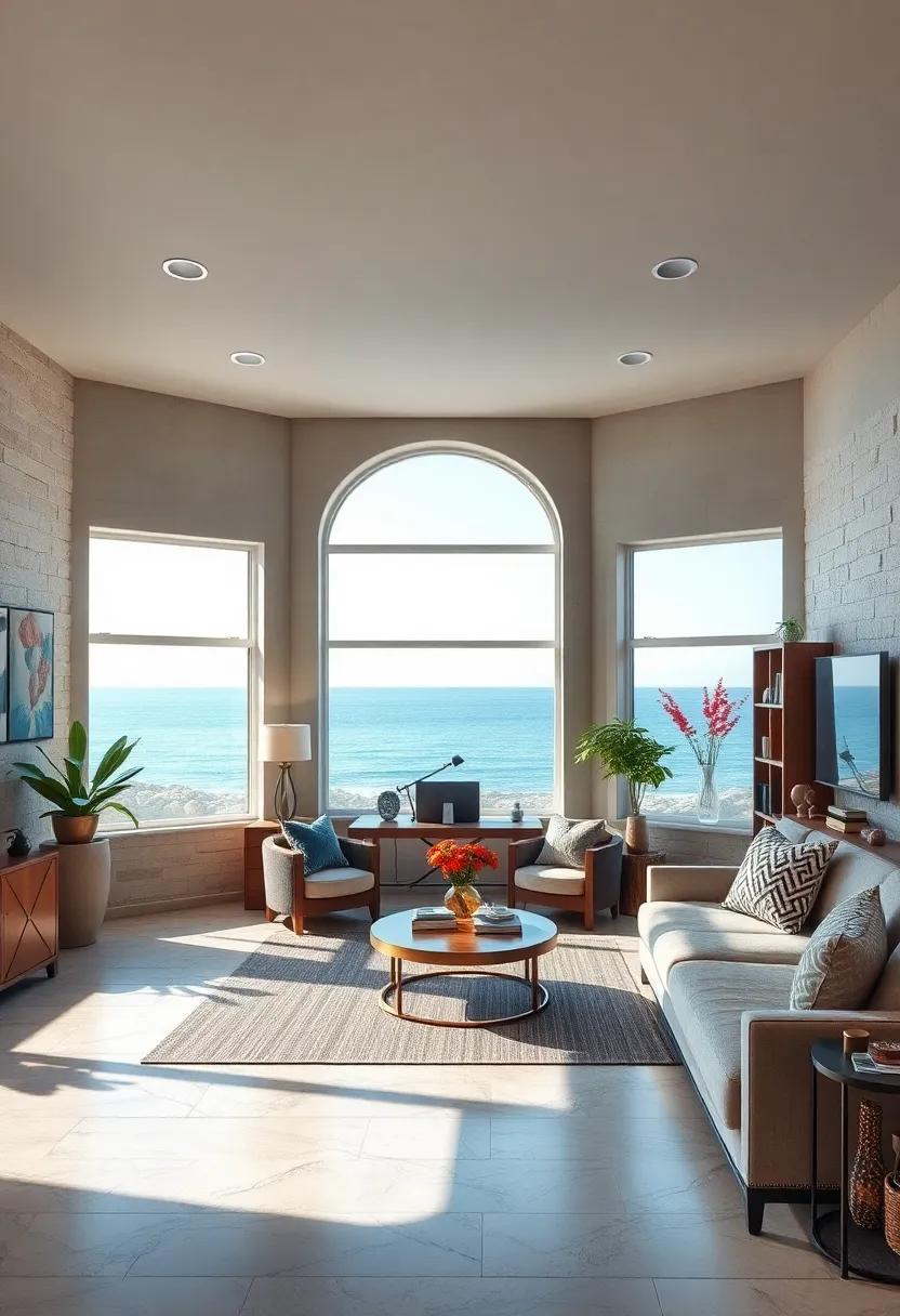 Coastal Calm: A seaside-inspired office with panoramic windows that capture stunning ocean views, infusing the space with a tranquil ambiance