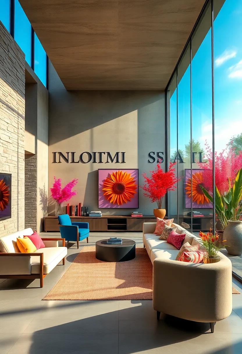 Artistic Influence: A creative workspace designed with large glass walls that showcase vibrant outdoor art installations,further illuminated by the sun