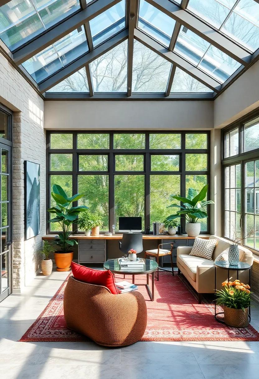 Serene Solarium: A sunroom transformed into a productive home office, surrounded by nature and filled with natural light, offering an invigorating workspace