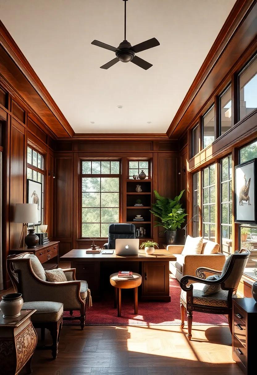 Classic Luxury: A timeless office with rich wood paneling and large windows, where traditional style meets ample sunlight, creating a perfect ambiance for focused work