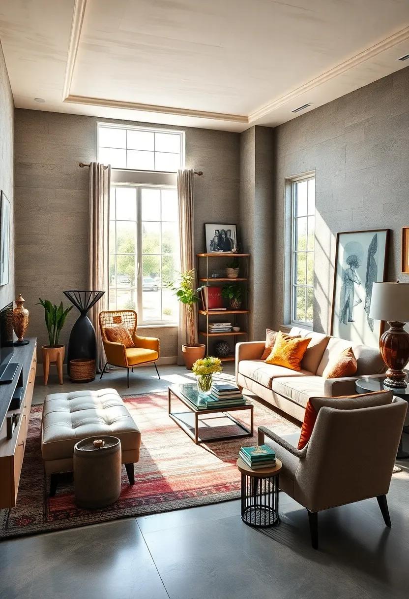 Elegant Eclectic: An artistic home office filled with unique decor that showcases a mix of colors and textures, enhanced by the natural light flooding through expansive windows