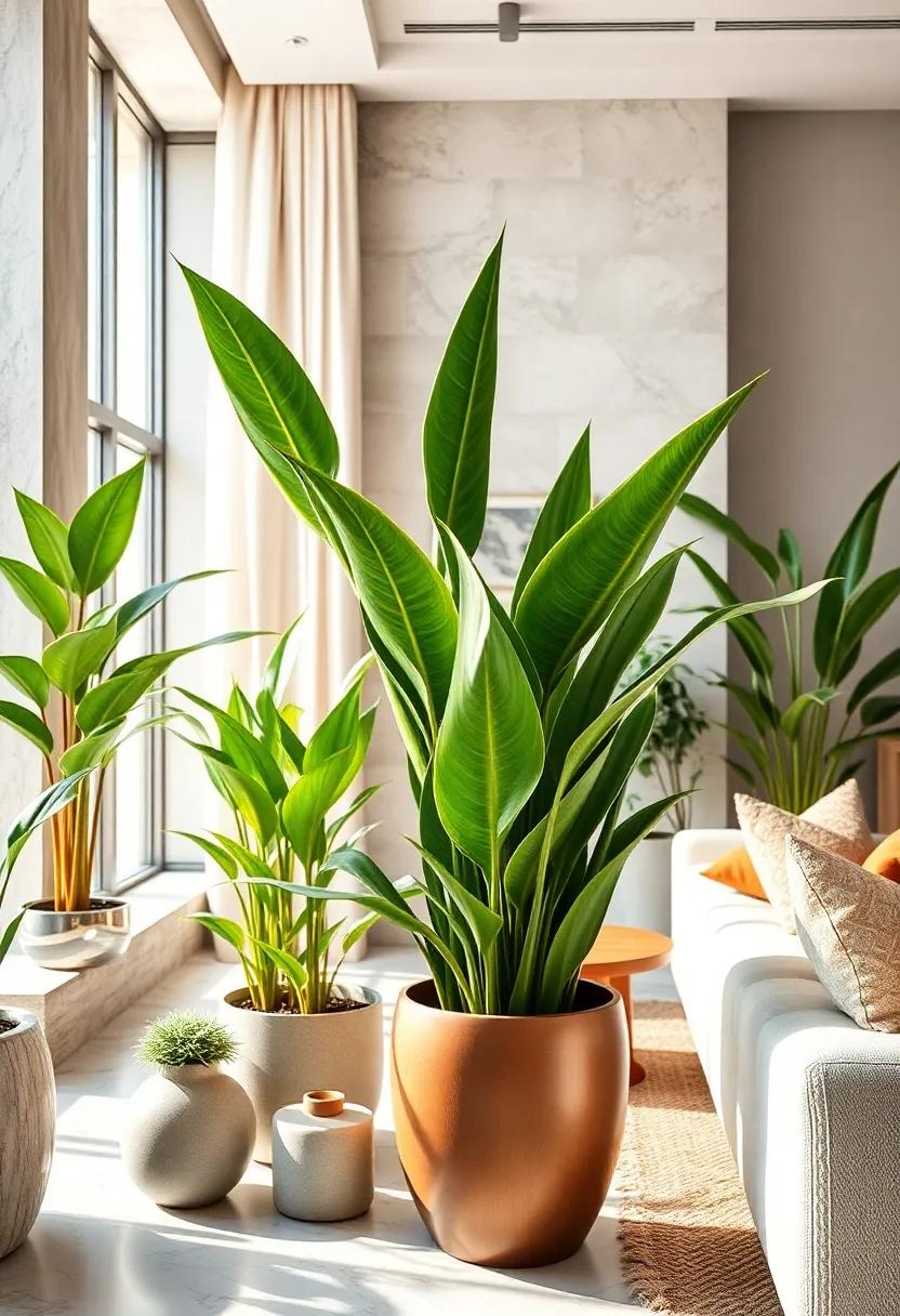 Snake Plant -​ A low-maintenance powerhouse, the Snake Plant boasts striking upright leaves and is perfect for​ adding height to your decor