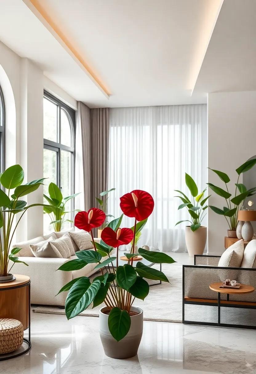 Anthurium - With its glossy leaves and unique heart-shaped flowers, Anthurium adds a bold, artistic flair, perfect for modern interiors