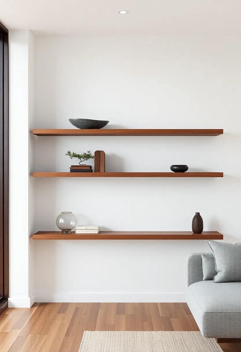 Floating Shelves: These provide storage and display space without heavy visual clutter, maintaining a light feel