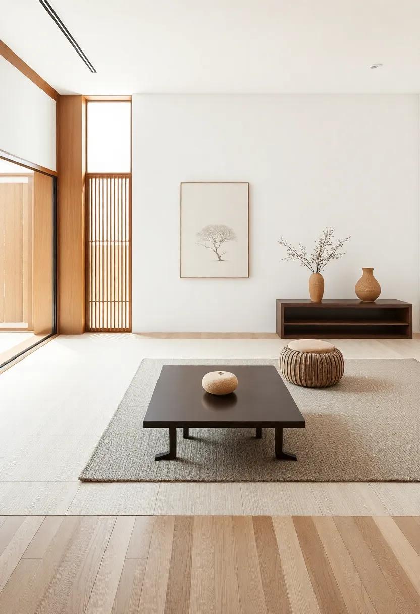 Low-Level Furniture: By choosing low tables and floor seating, the space feels more open and inviting, promoting a sense of harmony