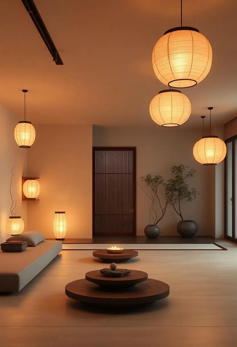 Zen Lighting: Soft,warm lighting from paper lanterns or dimmable fixtures creates a serene ambiance
