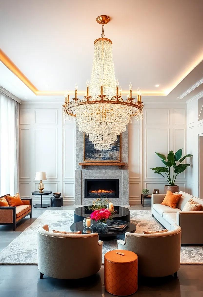 Opulent Crystal Cascades: ‌Transform your living ⁢room with a​ grand crystal chandelier that refracts light and creates⁣ a ⁣dazzling ambiance, perfect for lavish gatherings