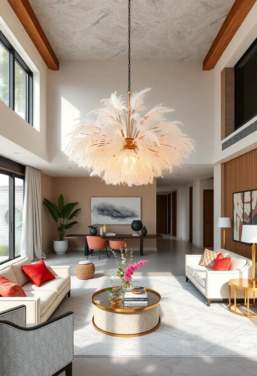 Glamorous Feathers: Indulge in whimsy with a chandelier featuring feather accents, ⁣offering a⁣ playful yet chic vibe that’s perfect ‌for a ⁤unique living ⁤room⁤ environment