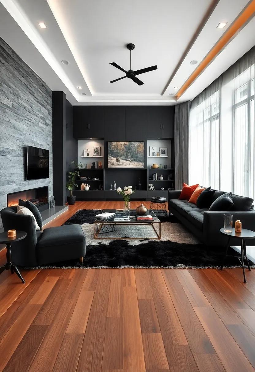 Layered Rugs: Use plush area rugs over hardwood floors, preferably in various shades of black to create warmth and comfort