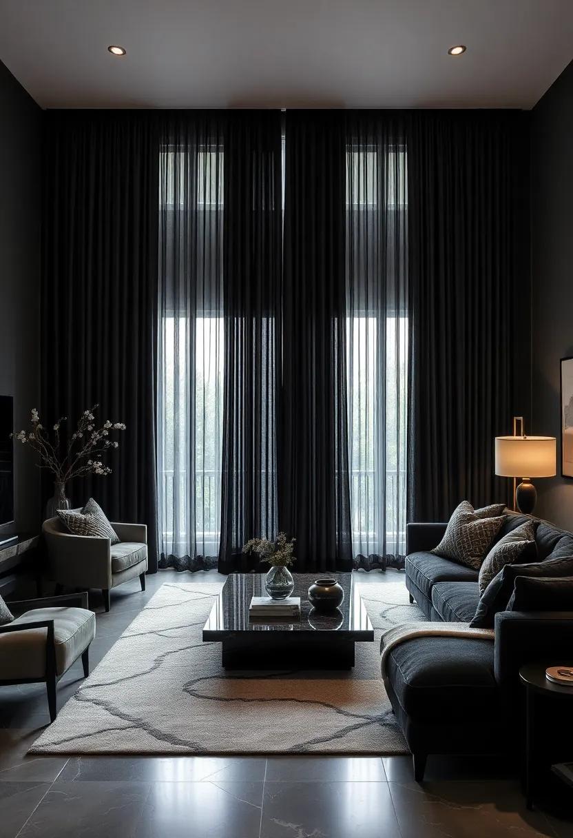Stylish Curtains: Hang floor-to-ceiling drapery in a soft black fabric to draw the eye upward and add an elegant frame to the windows