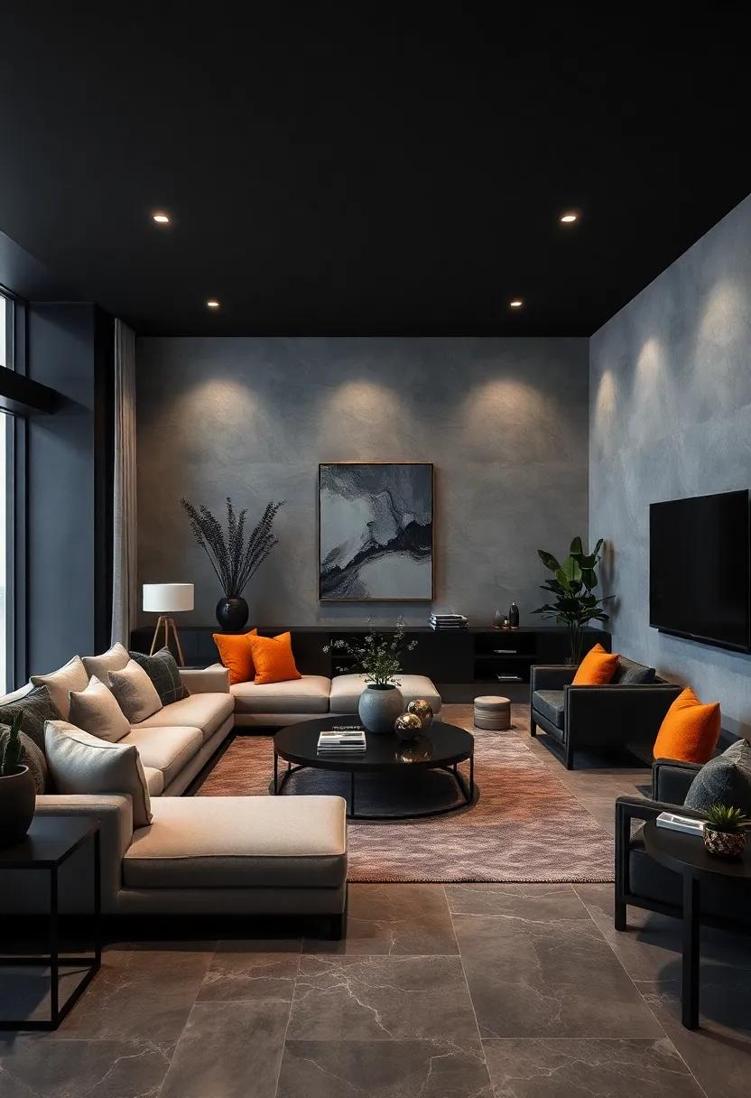 Minimalist Design: Keep furniture and decor streamlined and simple, allowing the black palette to shine without overwhelming the space