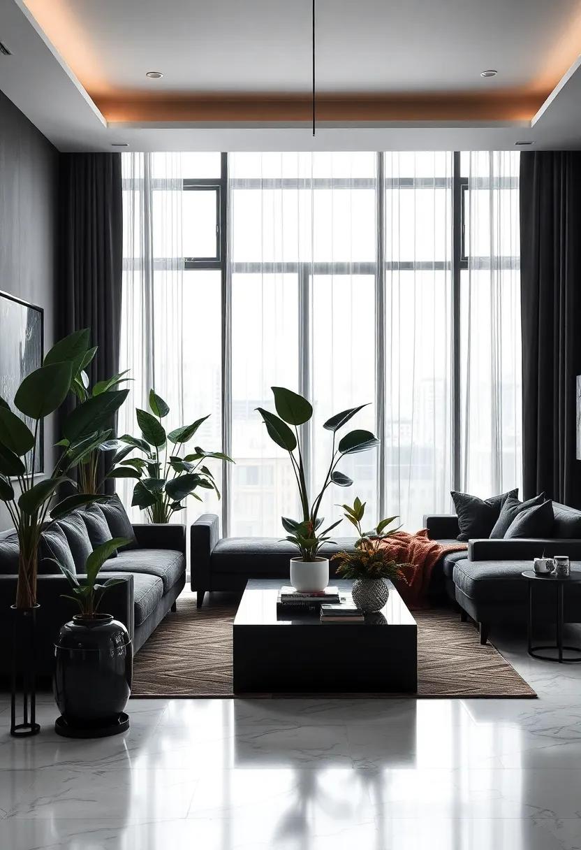 Indoor Plants: Introduce a few potted plants with dark foliage for a pop of natural elegance amidst the monochrome scheme