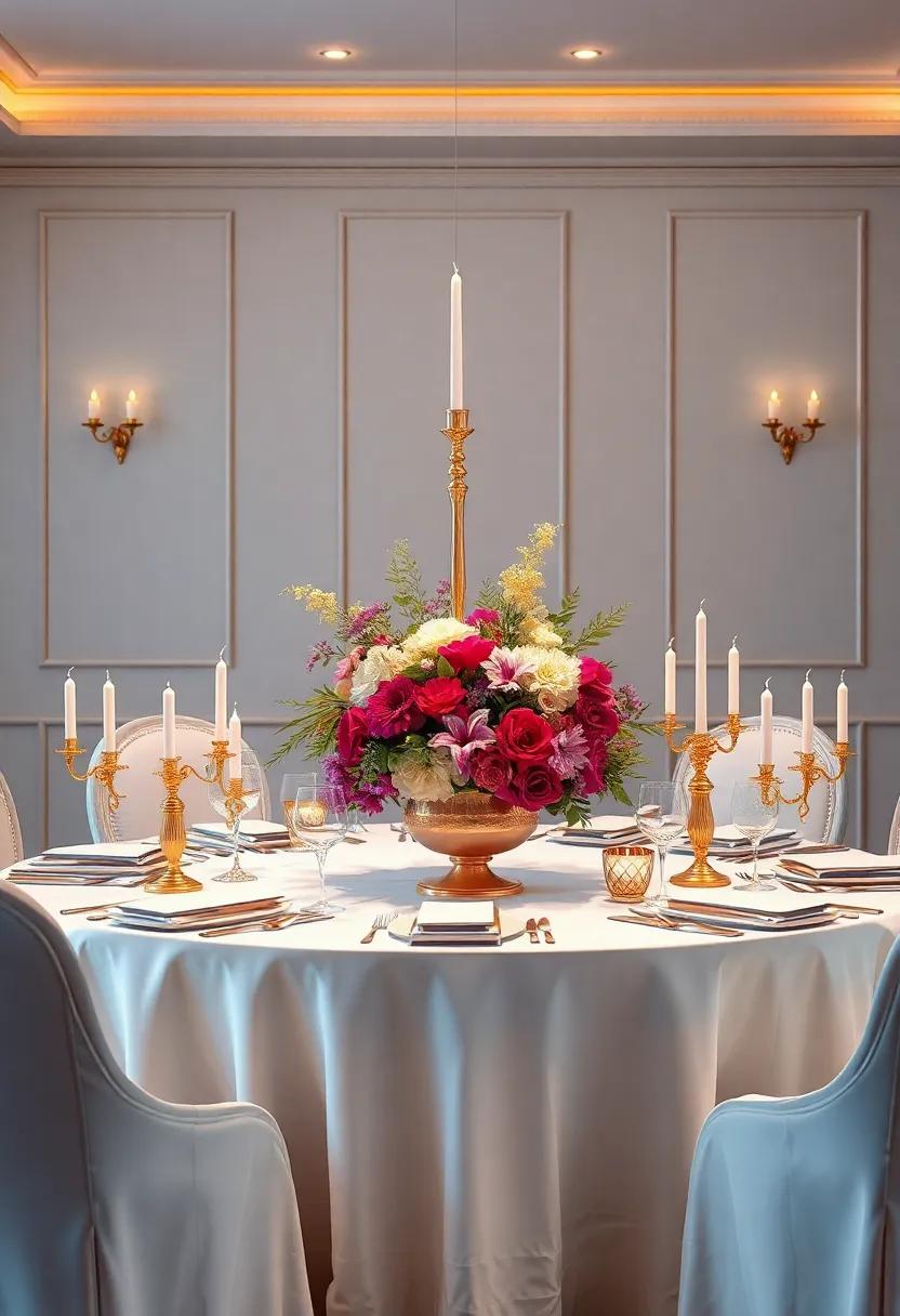 Exquisite Table Centerpieces: Create dramatic table arrangements with lush floral displays, gilded vases, or elegant candle holders for a touch of class
