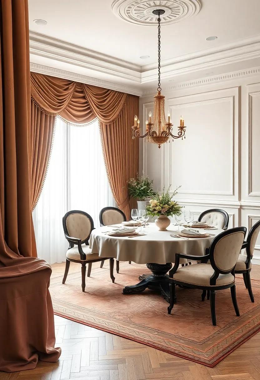 Rich Textiles: Layer your dining room with luxurious table linens,heavy drapes,and embroidered napkins to provide a sense of warmth and comfort