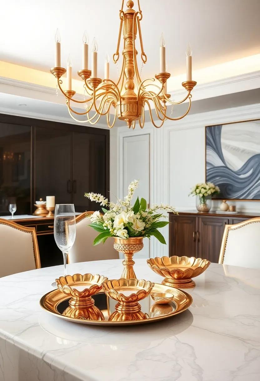 Decorative Serving Pieces: Use gold or silver platters and bowls as decorative elements that also serve a functional purpose for dining events