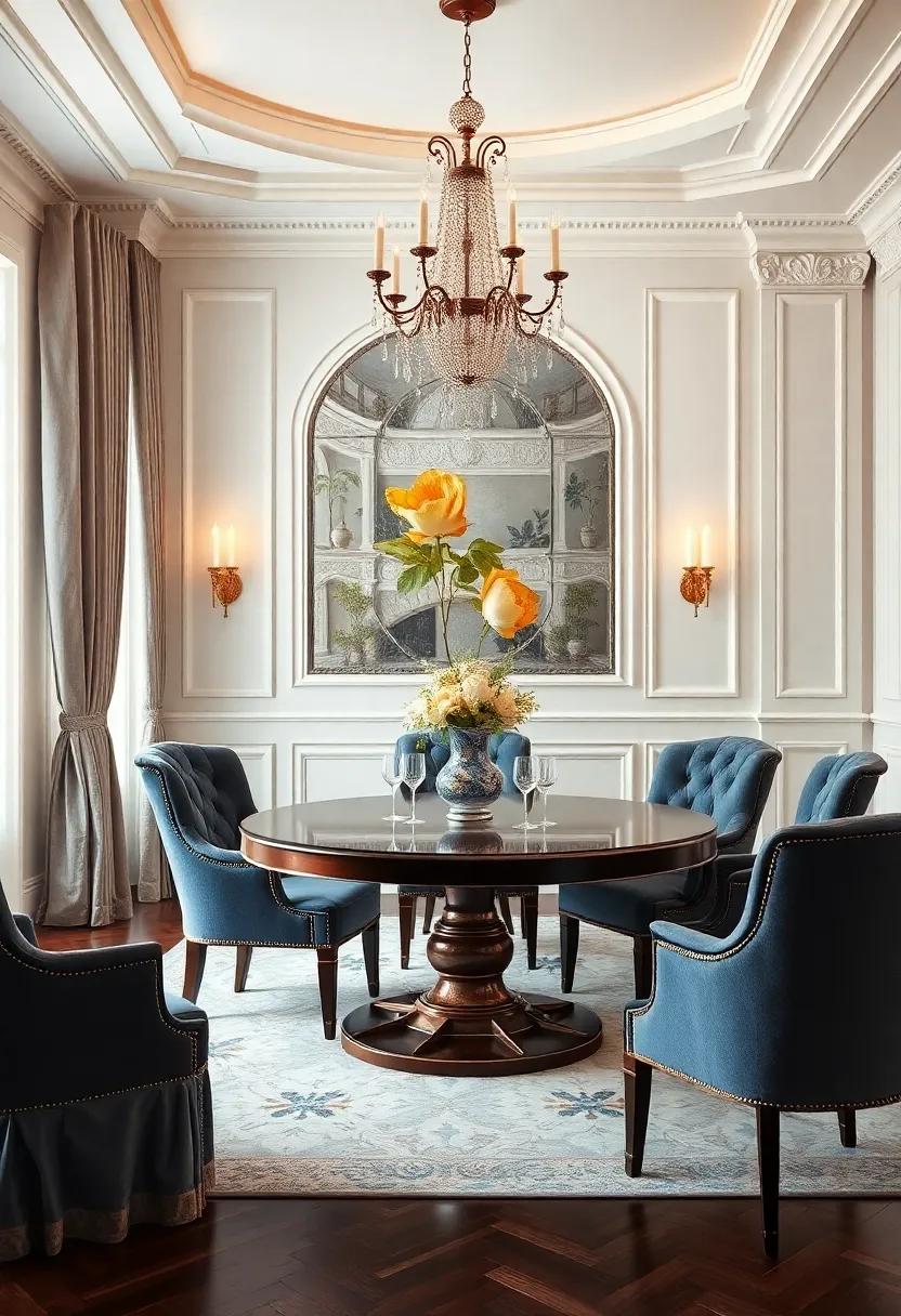 Plush Upholstered Seating: Choose lavish fabrics such as velvet or silk for your dining chairs to create a sumptuous and inviting atmosphere