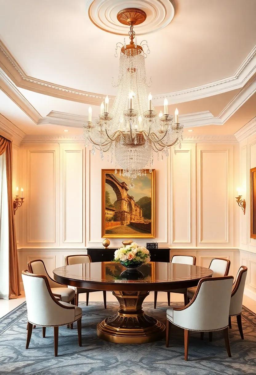 Ornate Chandeliers: Install a breathtaking crystal chandelier to serve as a stunning centerpiece that reflects light and elevates the room’s opulence