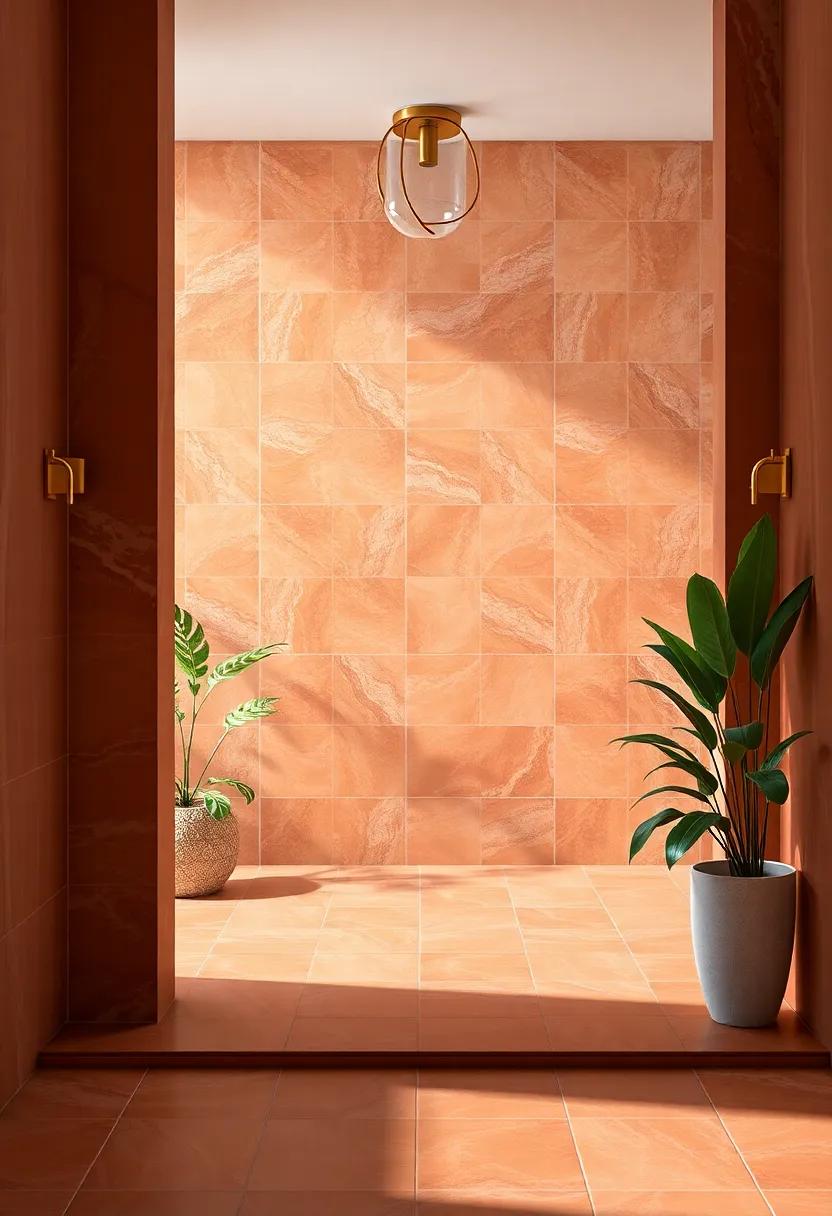 Sophisticated Entryways: Terracotta Tiles Framed⁣ by Gold-Casted Fixtures
