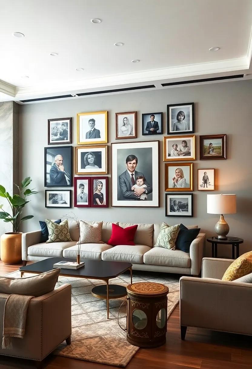 Gallery Wall of Family Portraits: Curate a gallery wall featuring framed family portraits, mixing various frame styles for a uniquely personal and visually striking display