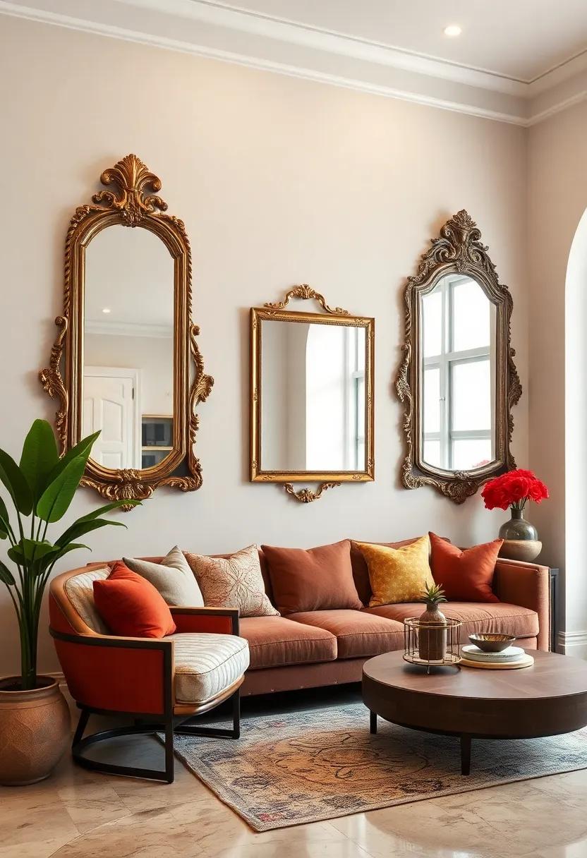 Vintage-Inspired Mirrors: Use ornate vintage mirrors as wall art to enhance light and space, creating an illusion of grandeur in smaller rooms