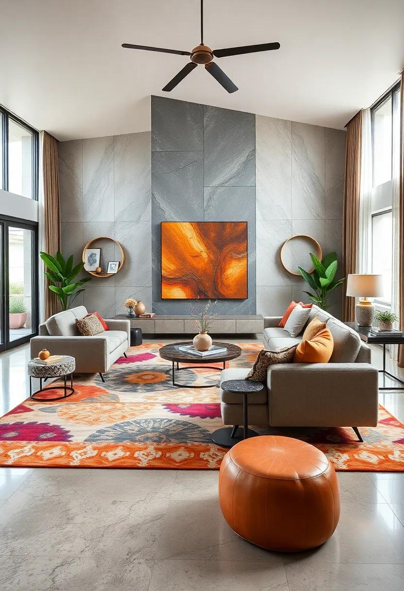 Transform⁣ your‍ living⁤ space with a layered⁣ rug⁤ that features‌ a medley of colors and designs, adding depth while unifying the room’s​ overall look