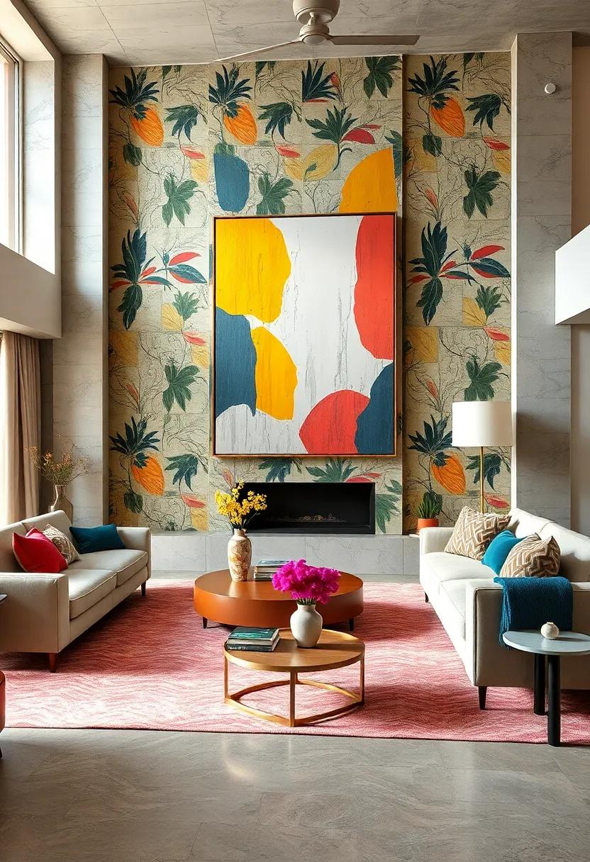 Discover the power of ‍oversized art pieces against a ‍backdrop⁢ of spirited wallpaper, uniting bold colors⁣ and shapes in a striking harmony