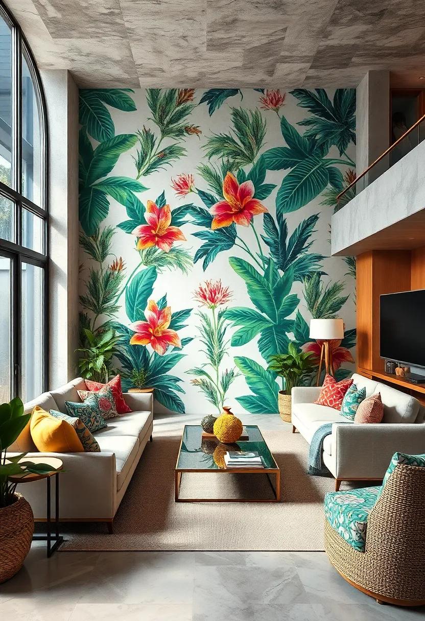Experience a tropical paradise in the living room, ​where large botanical wallpapers ‌set a⁣ lush backdrop ​to vibrant textiles and artisanal decor