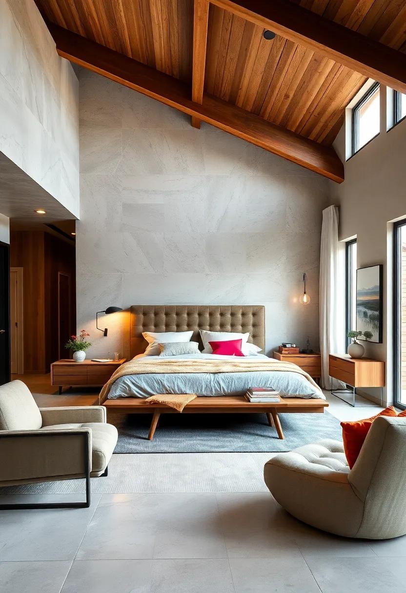 Highlight Architectural Lines: Accentuate any unique architectural features in your bedroom, like angled ceiling beams or large windows, to draw the eye upward