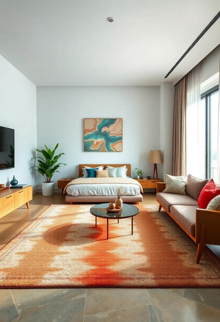 Showcase Statement Rugs: Place a retro-styled area rug beneath your bed or seating area to ground the space and introduce color without overwhelming the design