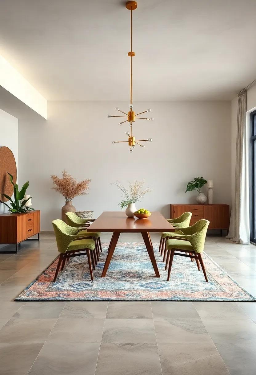 Layered‌ Rugs: Learn how to ‍add visual interest ⁤to your⁢ dining space with layered rugs that complement mid-century furniture