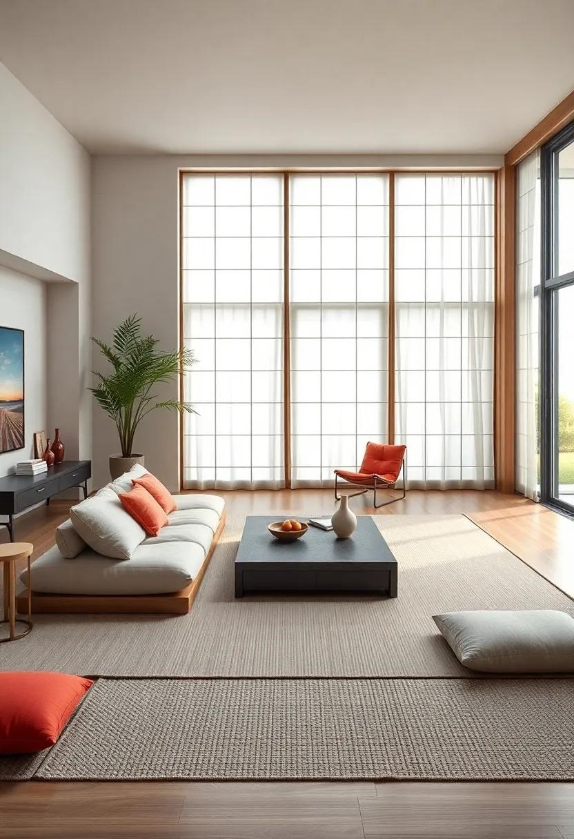 Tatami-style Cushions: Use floor ⁢cushions for flexible seating that invites relaxation and simplifies the room’s layout